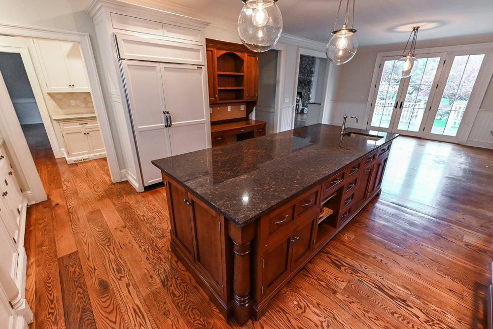 Traditional White Kitchen with Chestnut Brown Island, Desk Area and Appliances