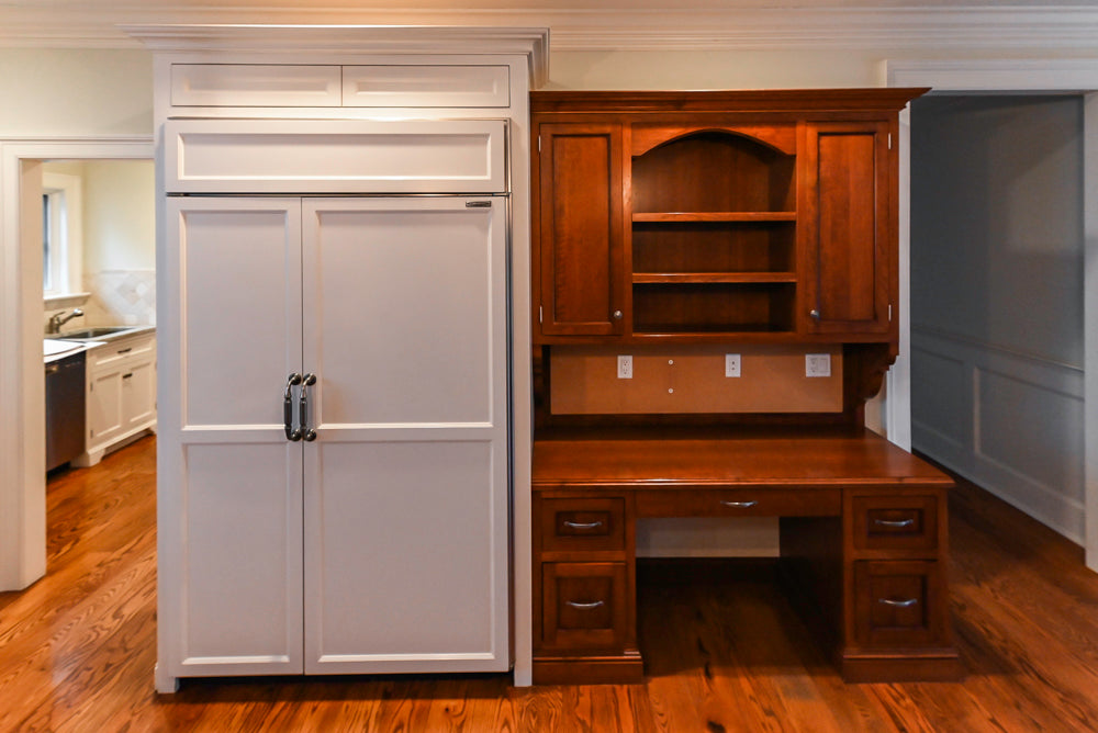 Traditional White Kitchen with Chestnut Brown Island, Desk Area and Appliances