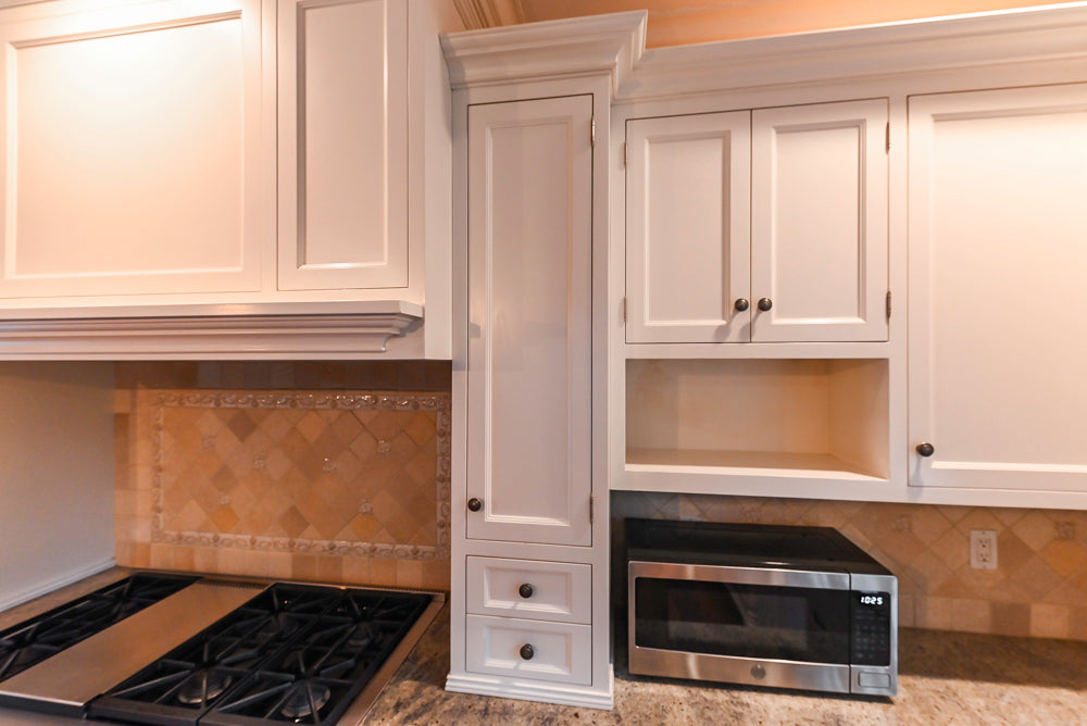 Traditional White Kitchen with Chestnut Brown Island, Desk Area & Appliances