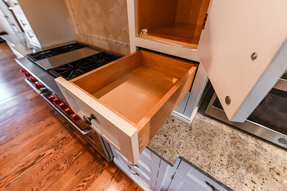 Traditional White Kitchen with Chestnut Brown Island, Desk Area & Appliances