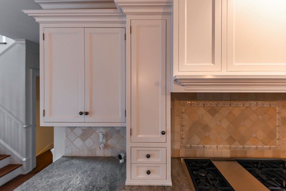 Traditional White Kitchen with Chestnut Brown Island, Desk Area & Appliances