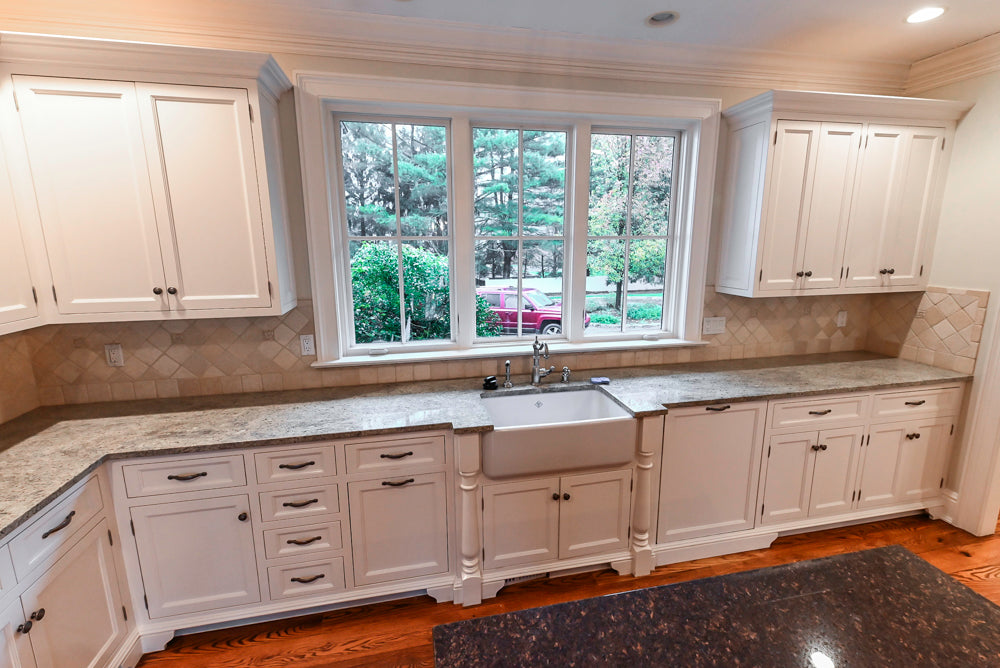 Traditional White Kitchen with Chestnut Brown Island, Desk Area and Appliances