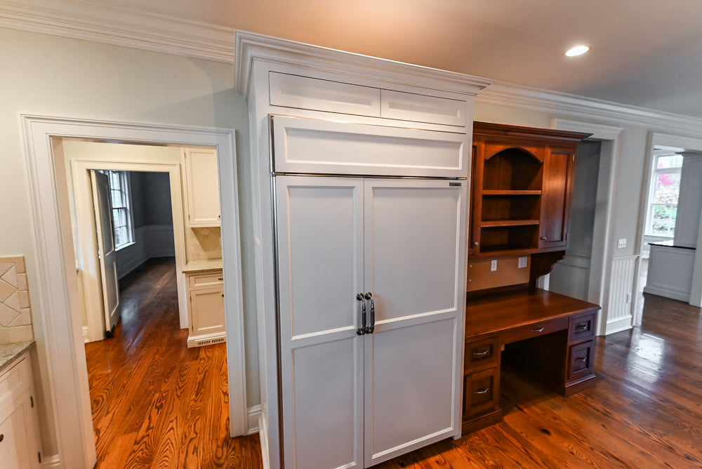 Traditional White Kitchen with Chestnut Brown Island, Desk Area & Appliances