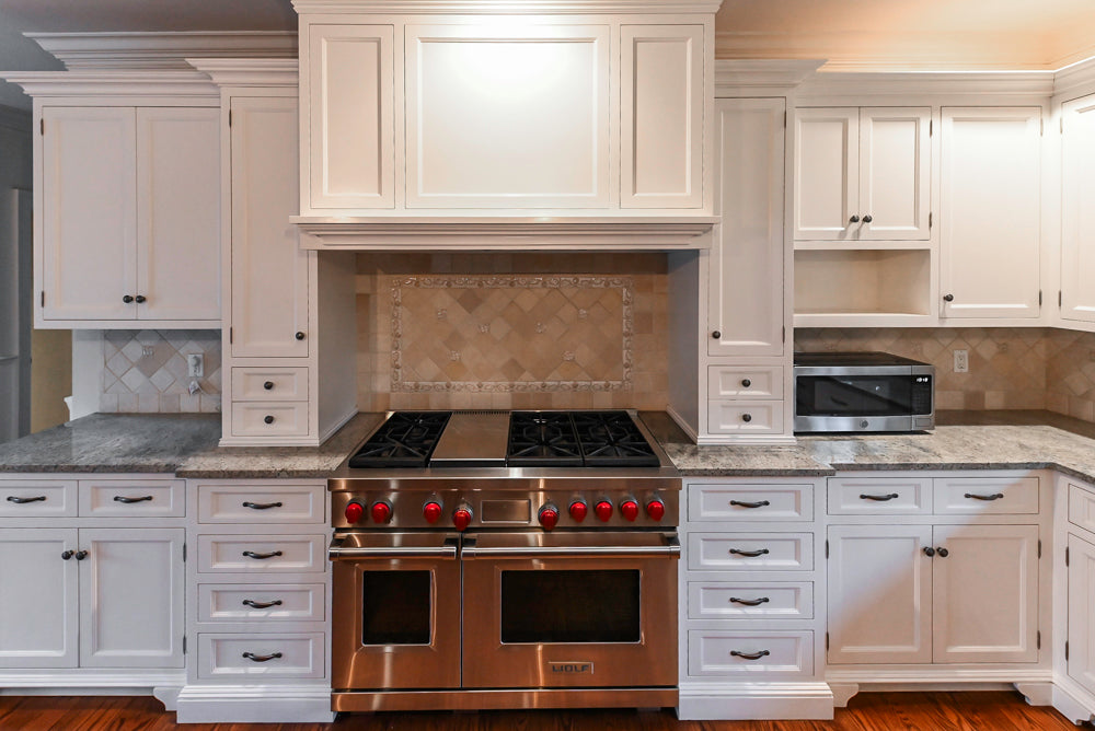 Traditional White Kitchen with Chestnut Brown Island, Desk Area and Appliances