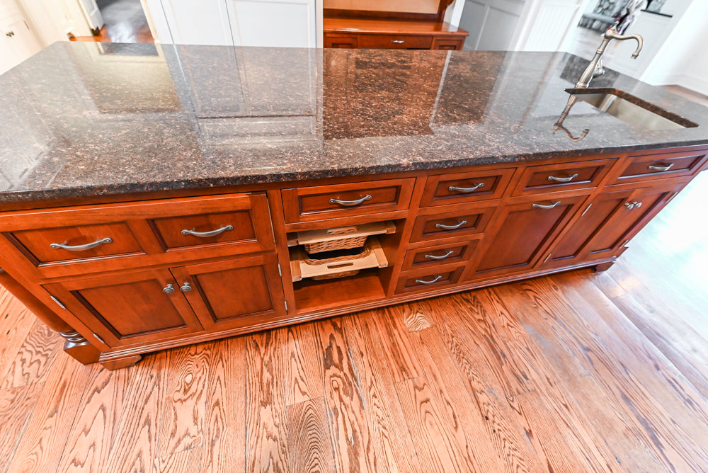 Traditional White Kitchen with Chestnut Brown Island, Desk Area & Appliances