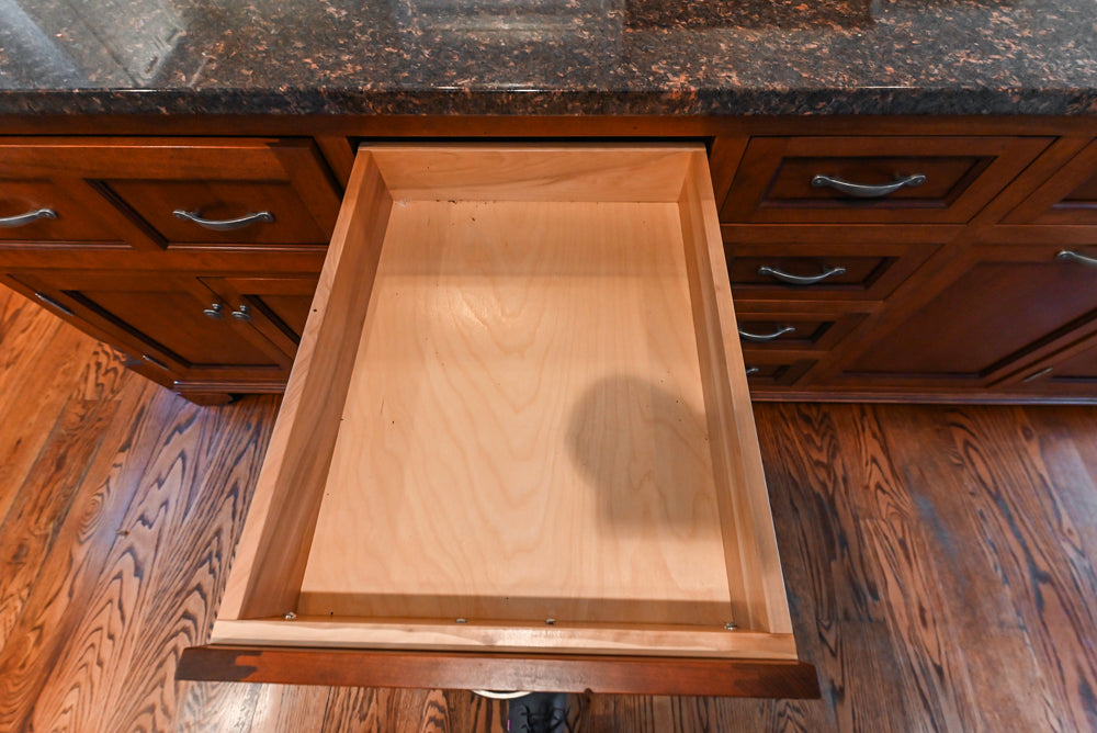 Traditional White Kitchen with Chestnut Brown Island, Desk Area & Appliances