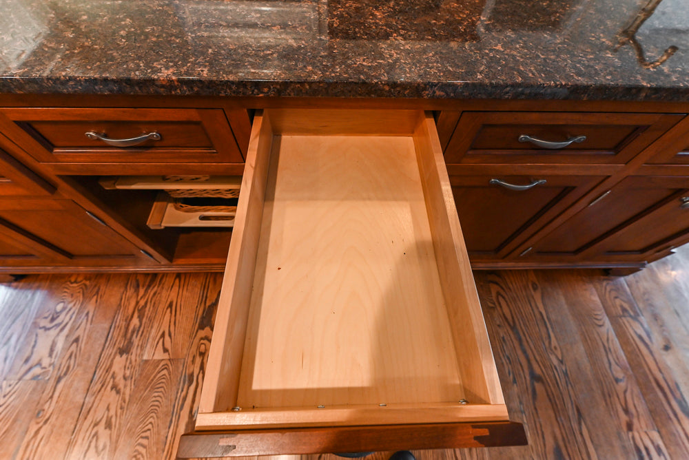 Traditional White Kitchen with Chestnut Brown Island, Desk Area & Appliances