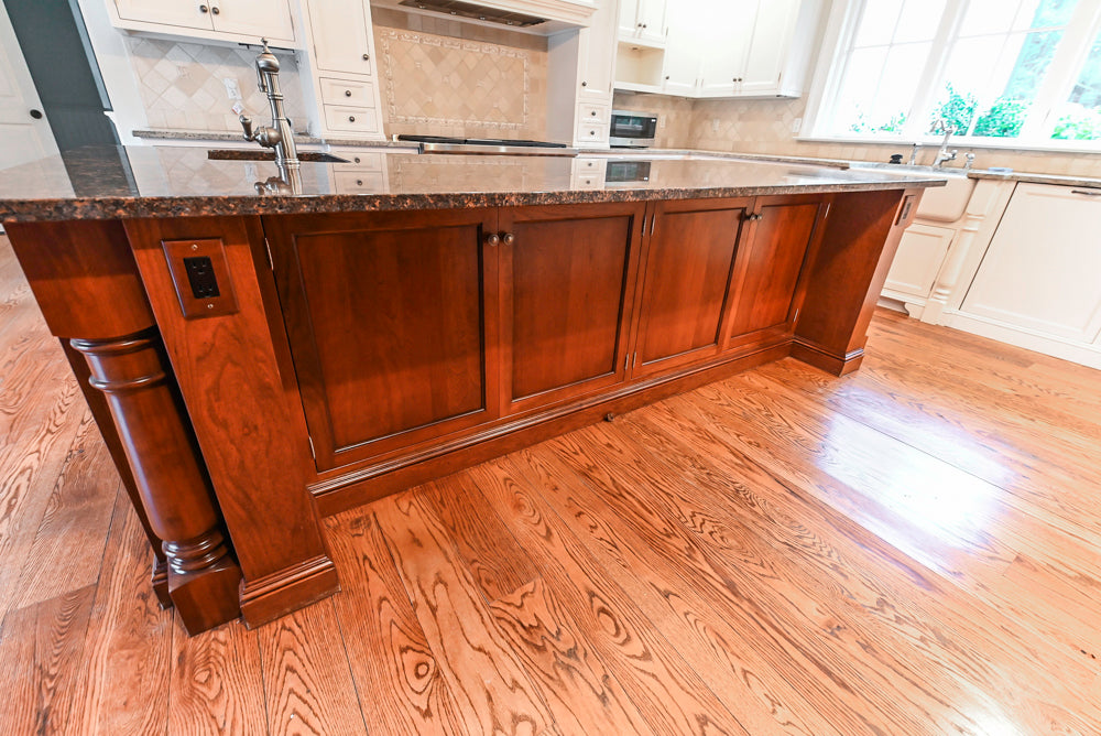 Traditional White Kitchen with Chestnut Brown Island, Desk Area and Appliances