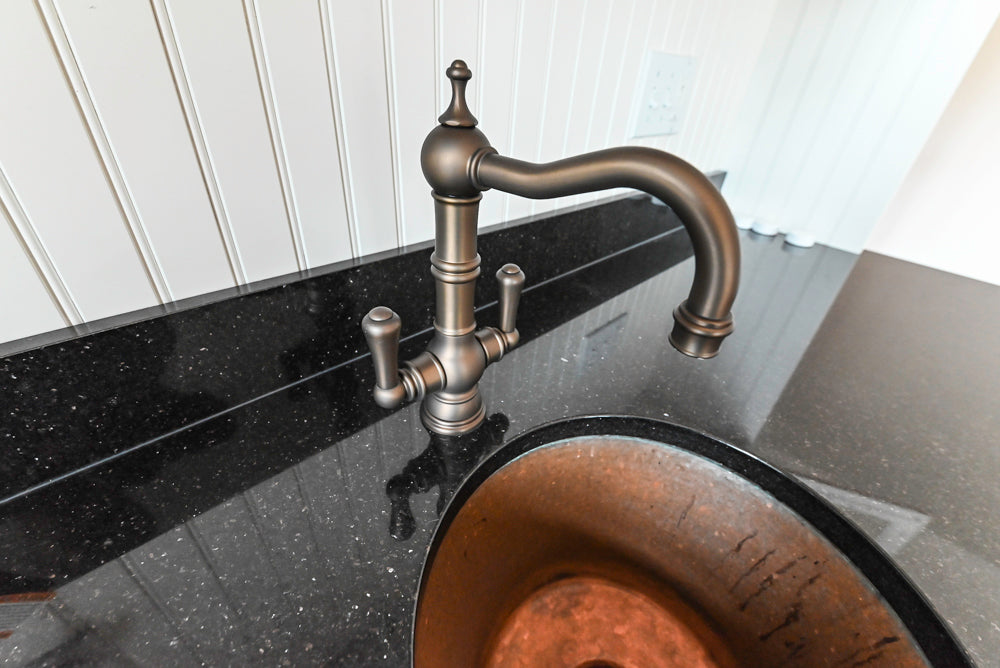 Traditional White Wet Bar Area with Black Granite Countertops