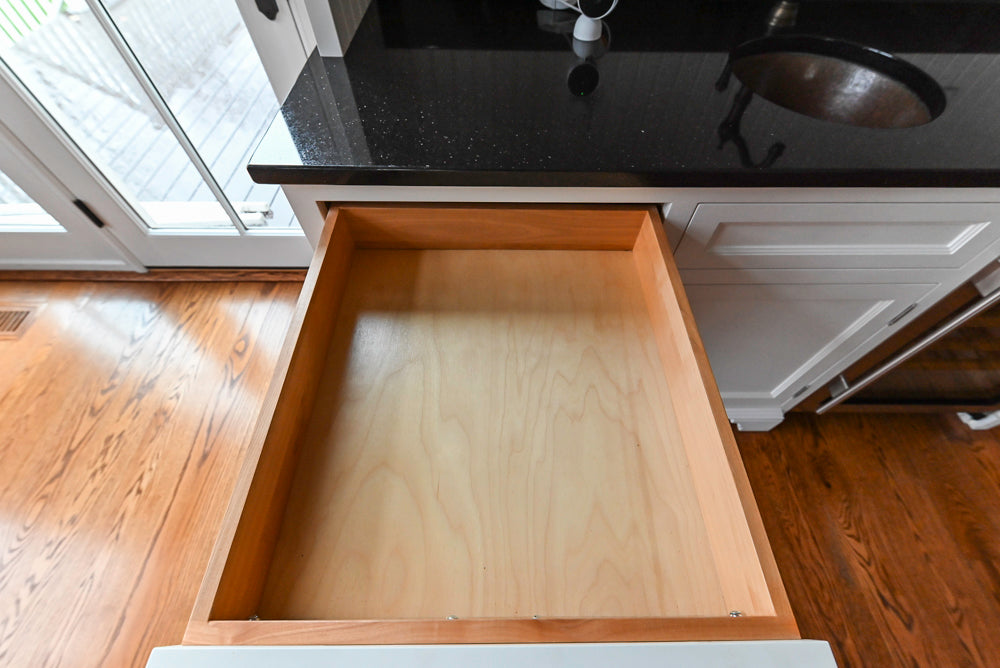 Traditional White Wet Bar Area with Black Granite Countertops