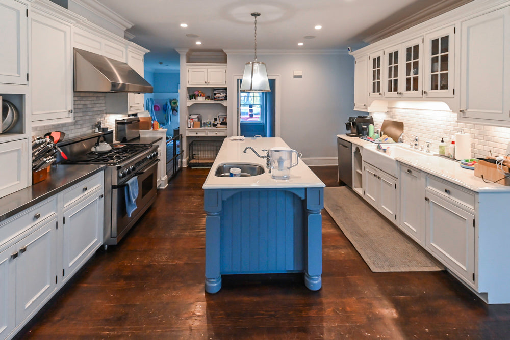 Craft-Maid Custom Cabinetry Traditional White Kitchen with Grey Island and Appliances