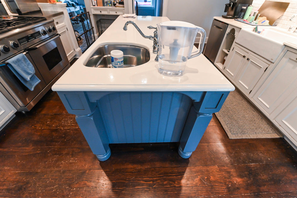 Craft-Maid Custom Cabinetry Traditional White Kitchen with Grey Island and Appliances