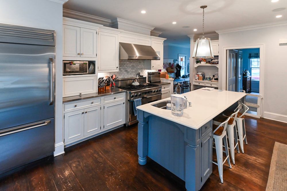 Craft-Maid Custom Cabinetry Traditional White Kitchen with Grey Island and Appliances