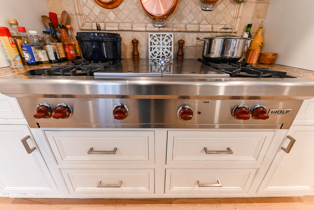 Traditional White Kitchen with Island, Granite Countertops & High-End Appliances