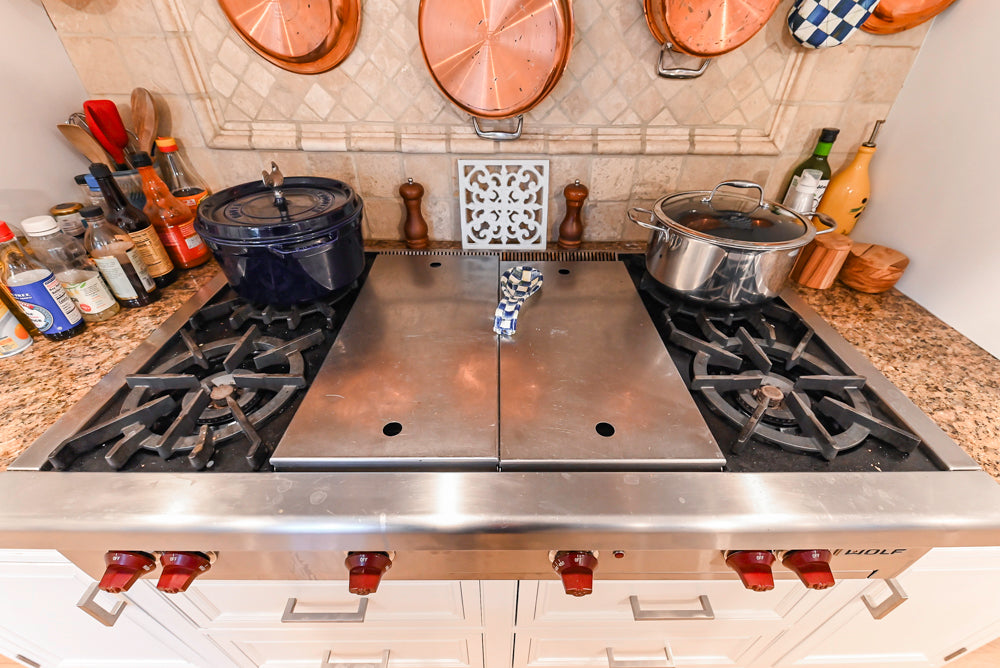 Traditional White Kitchen with Island, Granite Countertops & High-End Appliances