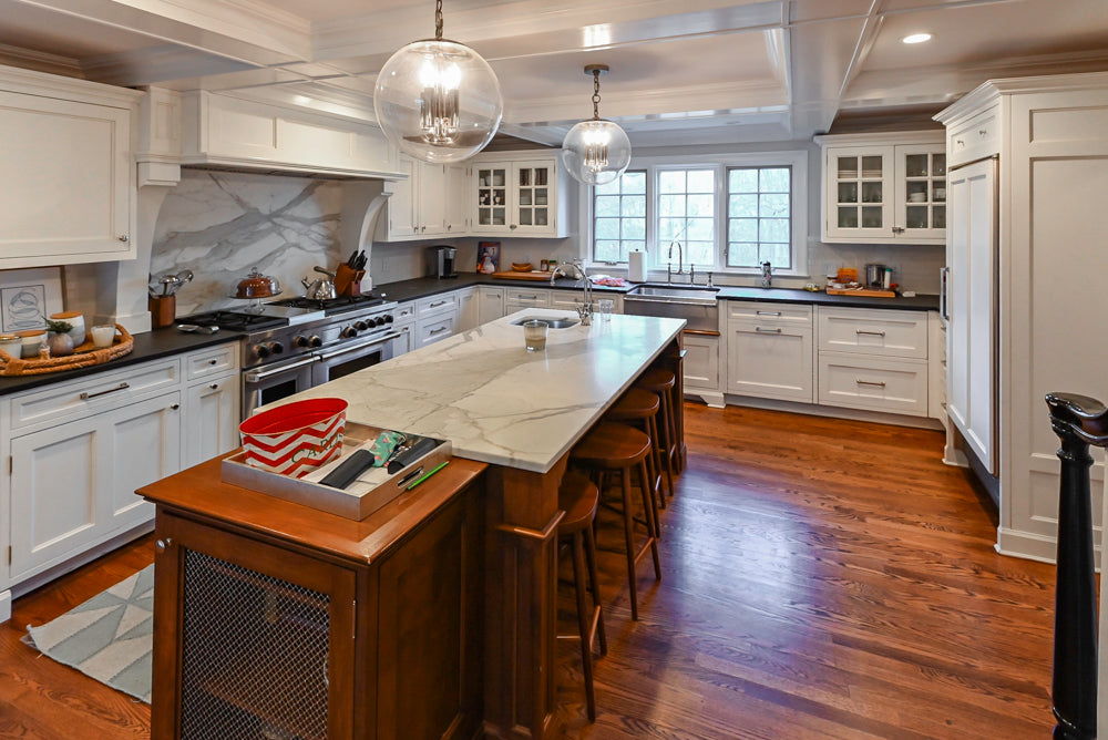 Traditional White Kitchen with Marble Top Island, Desk Area & Luxe Appliances