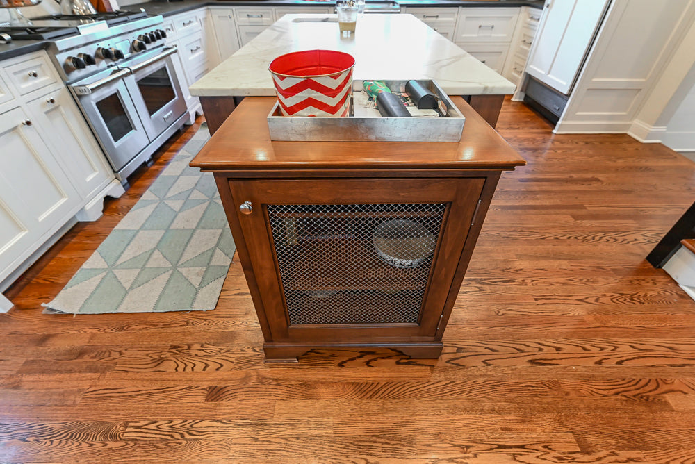 Traditional White Kitchen with Marble Top Island, Desk Area & Luxe Appliances