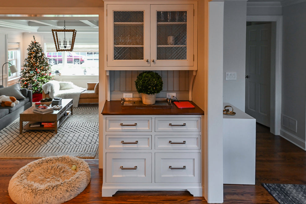 Traditional White Kitchen with Marble Top Island, Desk Area & Luxe Appliances