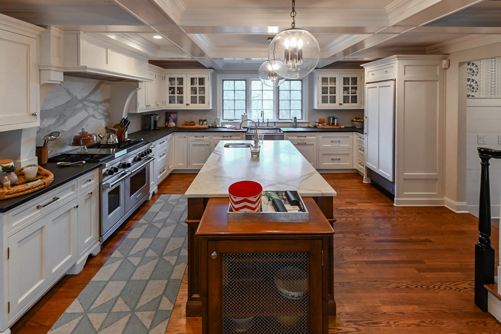 Traditional White Kitchen with Marble Top Island, Desk Area & Luxe Appliances