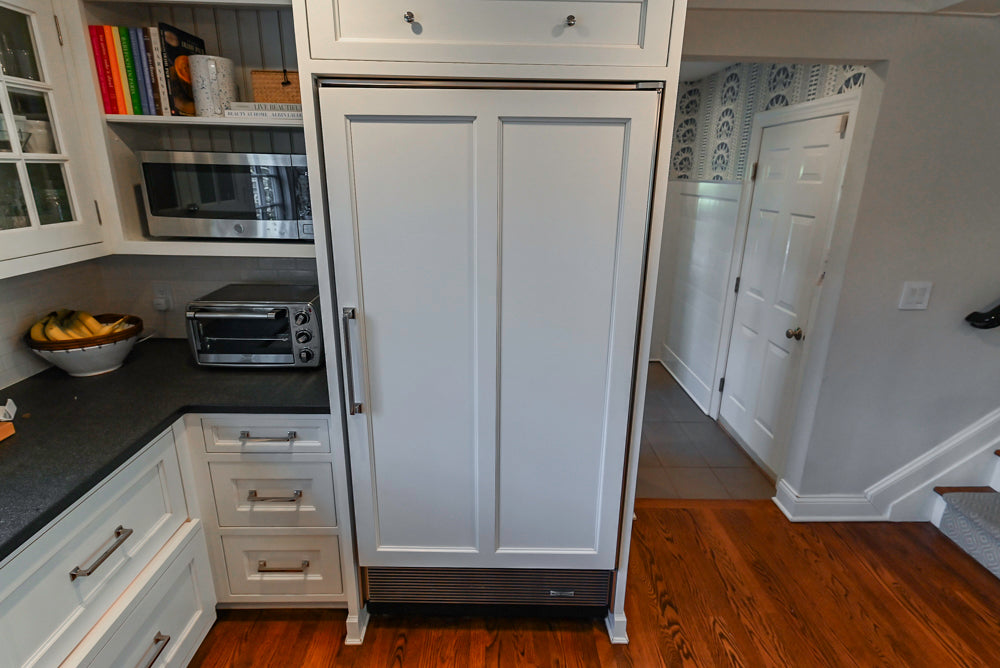 Traditional White Kitchen with Marble Top Island, Desk Area & Luxe Appliances