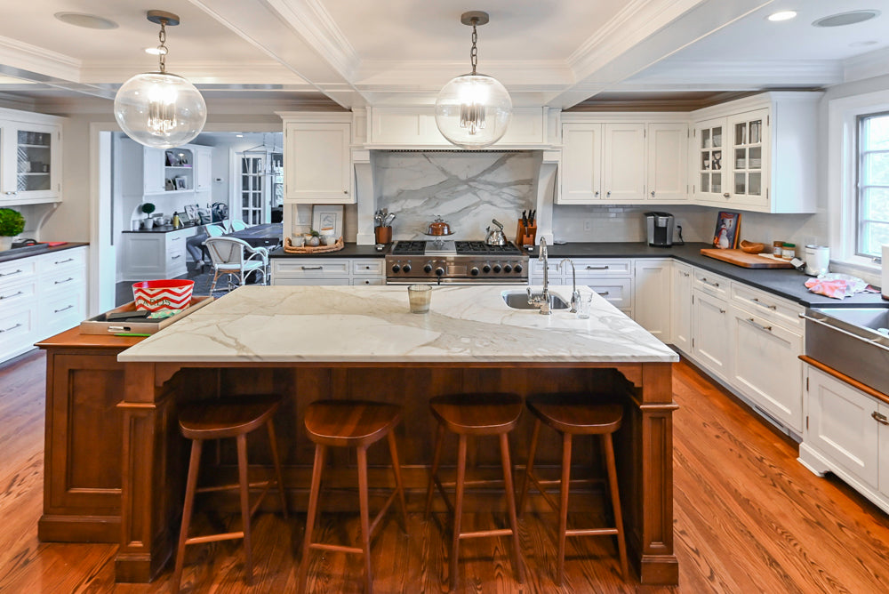 Traditional White Kitchen with Marble Top Island, Desk Area & Luxe Appliances