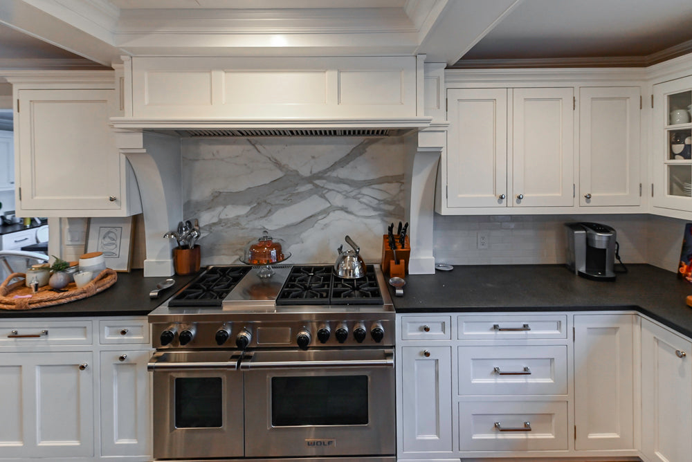 Traditional White Kitchen with Marble Top Island, Desk Area & Luxe Appliances