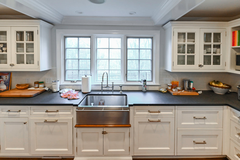 Traditional White Kitchen with Marble Top Island, Desk Area & Luxe Appliances