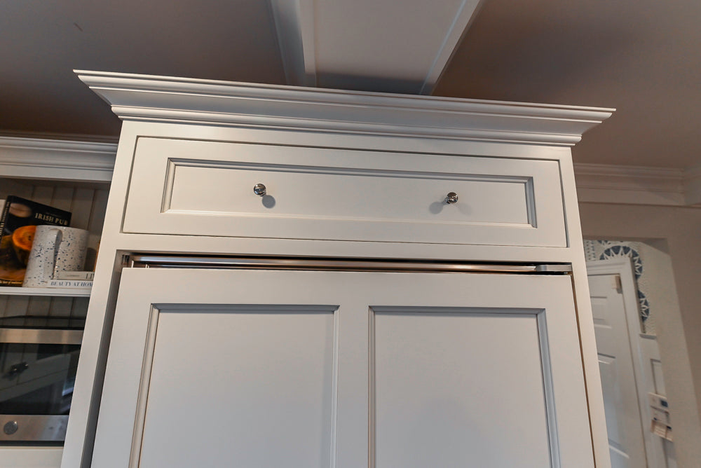 Traditional White Kitchen with Marble Top Island, Desk Area & Luxe Appliances