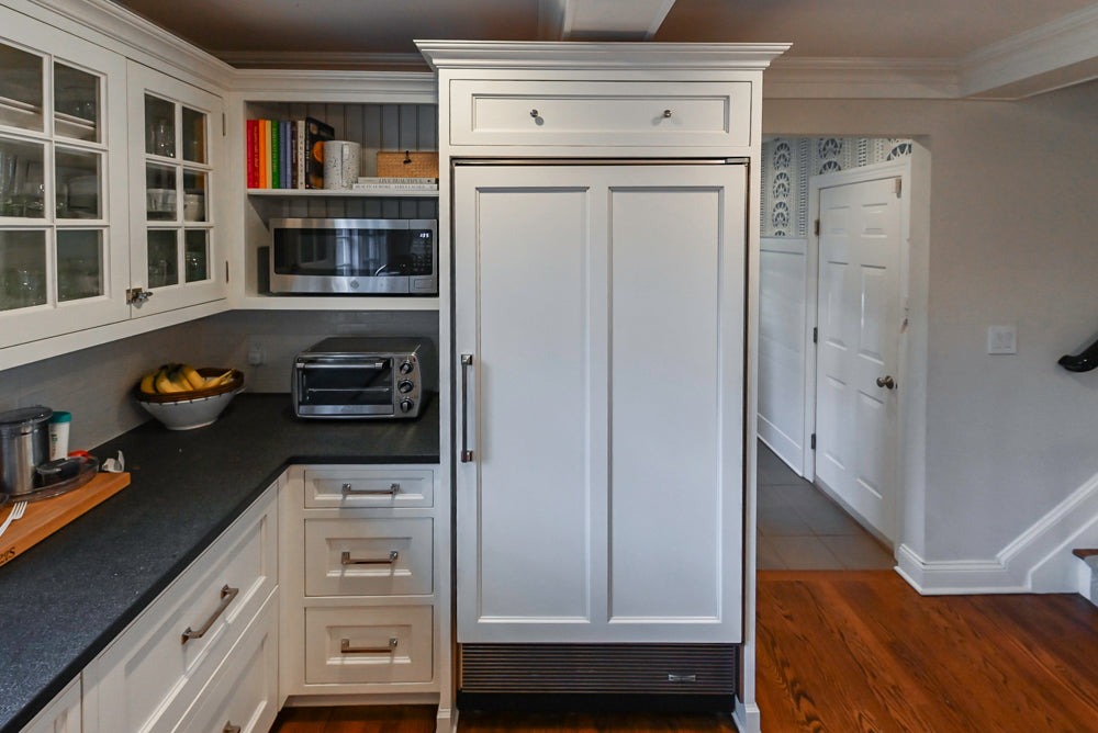 Traditional White Kitchen with Marble Top Island, Desk Area & Luxe Appliances