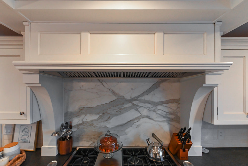 Traditional White Kitchen with Marble Top Island, Desk Area & Luxe Appliances