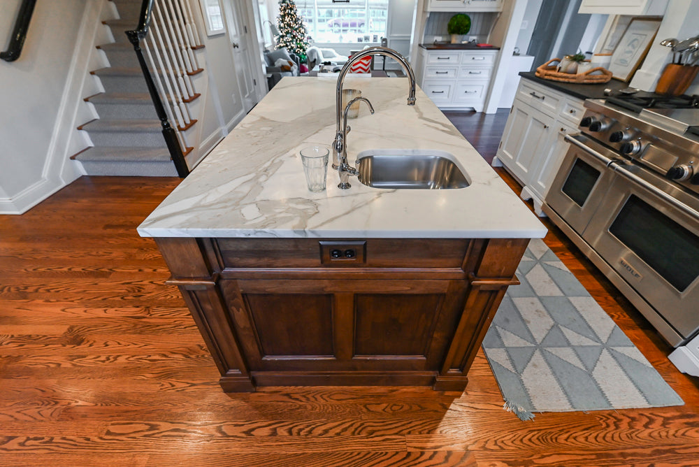 Traditional White Kitchen with Marble Top Island, Desk Area & Luxe Appliances