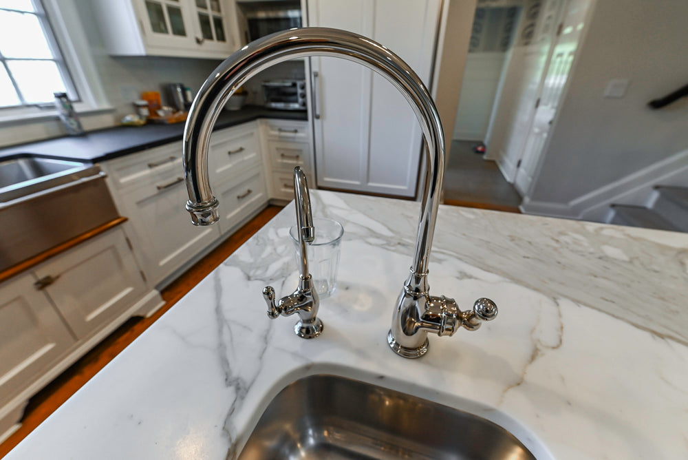 Traditional White Kitchen with Marble Top Island, Desk Area & Luxe Appliances