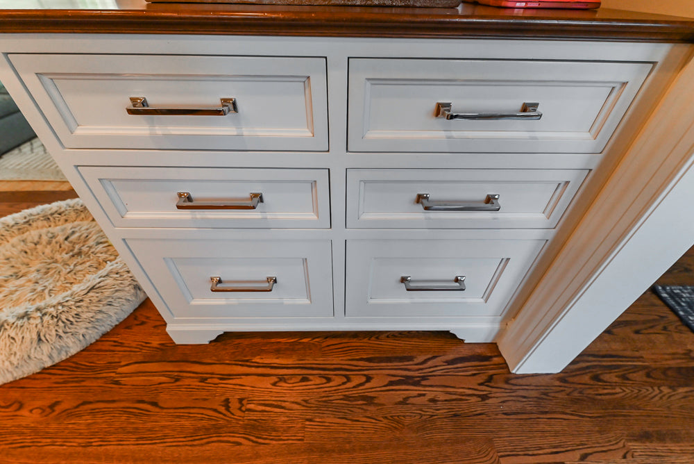 Traditional White Kitchen with Marble Top Island, Desk Area & Luxe Appliances