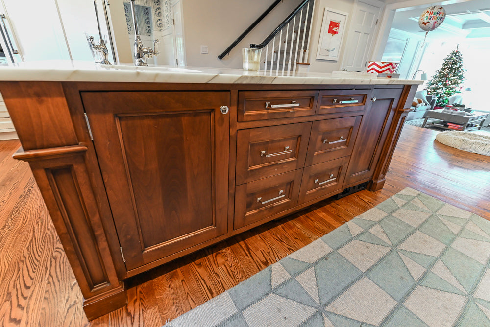 Traditional White Kitchen with Marble Top Island, Desk Area & Luxe Appliances