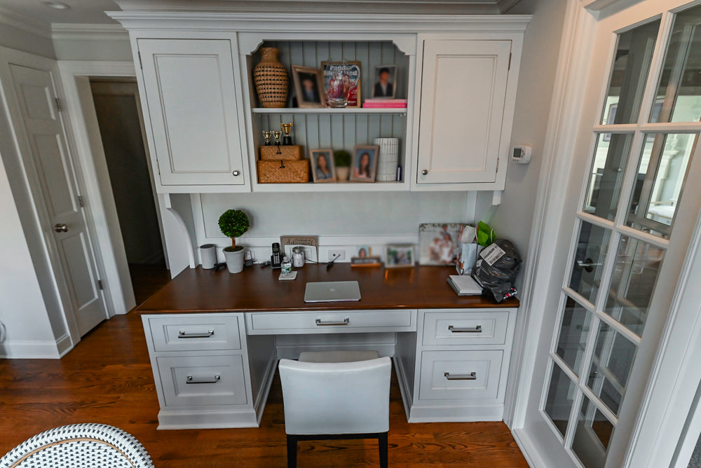 Traditional White Kitchen with Marble Top Island, Desk Area & Luxe Appliances