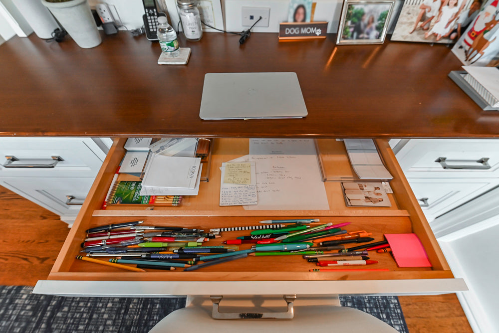 Traditional White Kitchen with Marble Top Island, Desk Area & Luxe Appliances