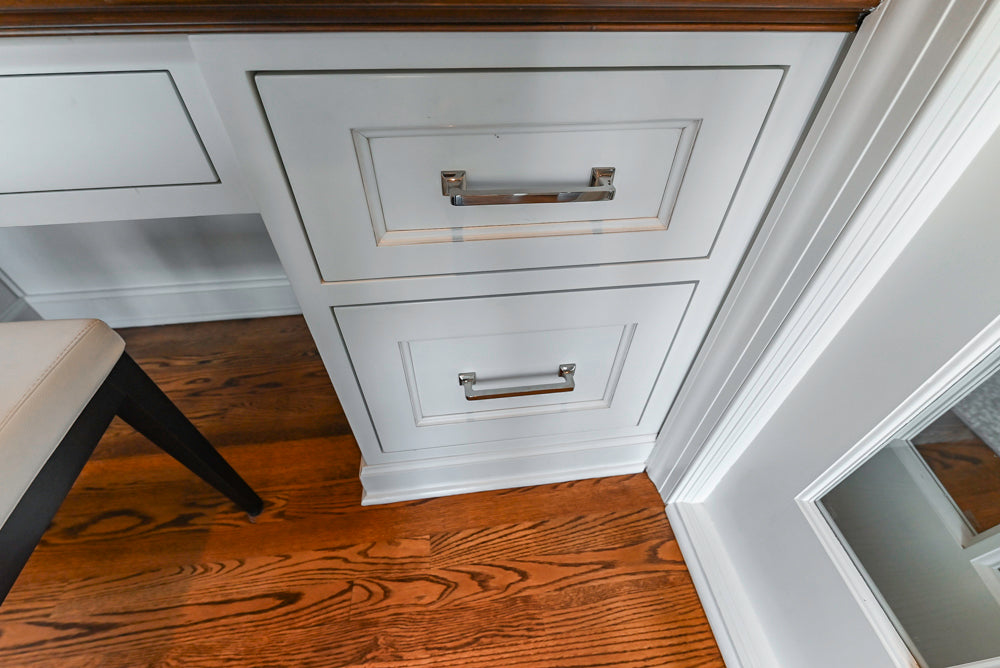Traditional White Kitchen with Marble Top Island, Desk Area & Luxe Appliances