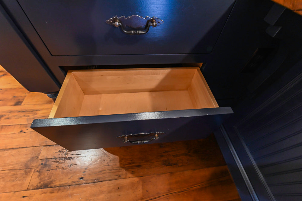 Rustic Traditional White & Navy Kitchen with Black AGA Range, Wood Top Island & Soapstone Countertops