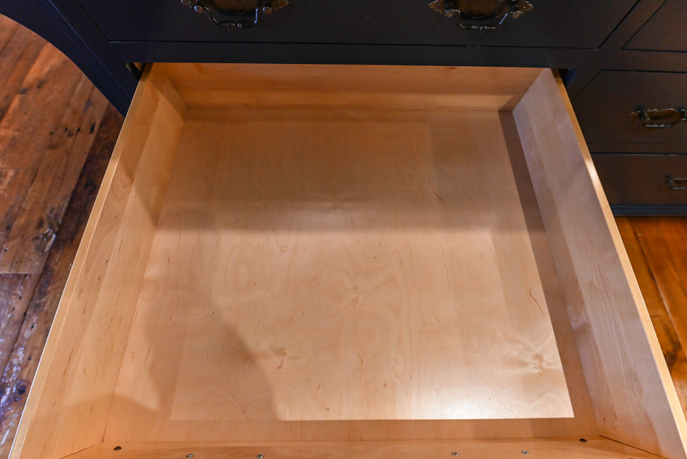 Rustic Traditional White & Navy Kitchen with Black AGA Range, Wood Top Island & Soapstone Countertops