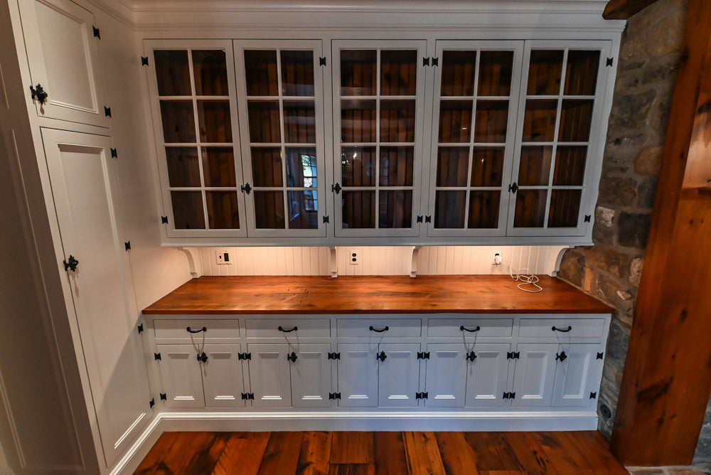 Rustic Traditional White & Navy Kitchen with Black AGA Range, Wood Top Island & Soapstone Countertops
