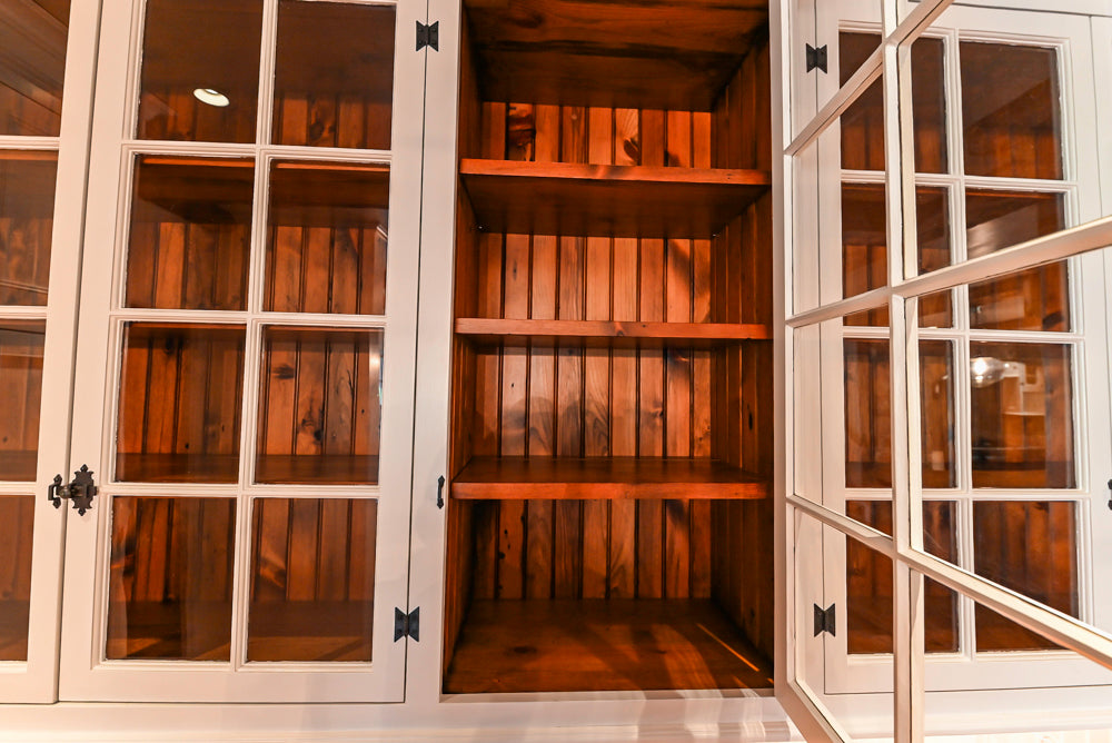 Rustic Traditional White & Navy Kitchen with Black AGA Range, Wood Top Island & Soapstone Countertops