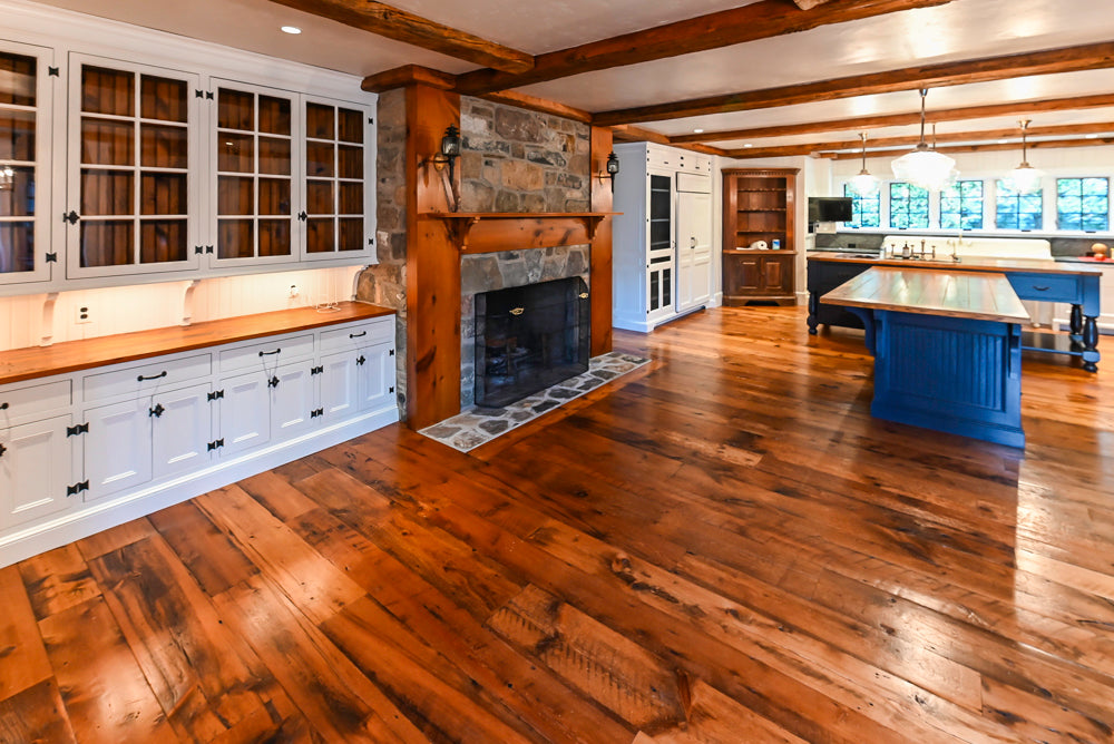 Rustic Traditional White & Navy Kitchen with Black AGA Range, Wood Top Island & Soapstone Countertops