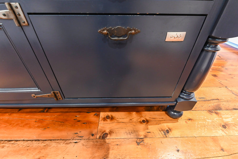 Rustic Traditional White & Navy Kitchen with Black AGA Range, Wood Top Island & Soapstone Countertops