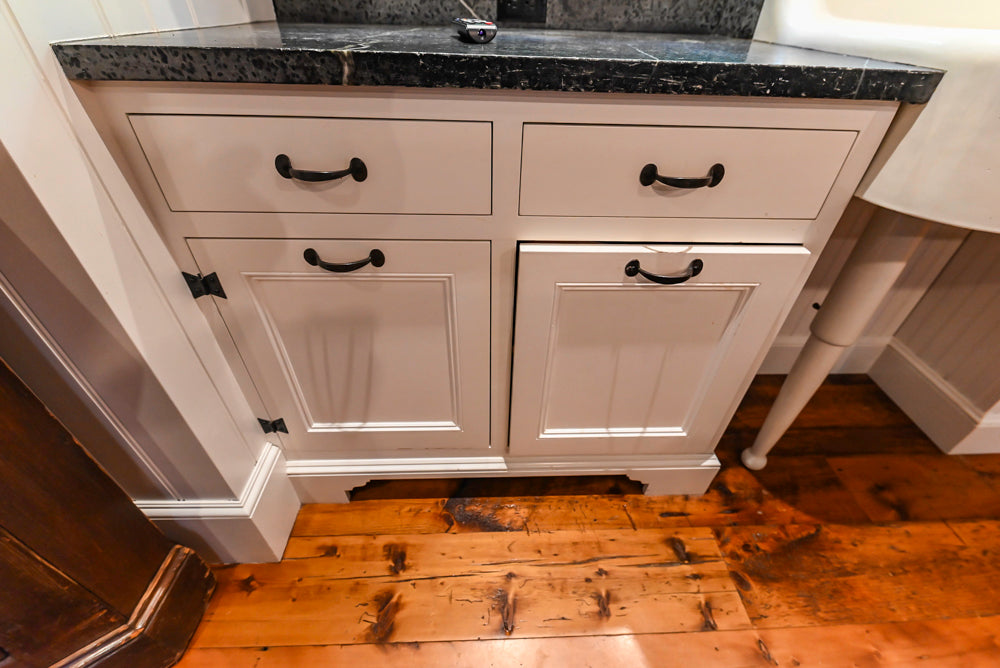 Rustic Traditional White & Navy Kitchen with Black AGA Range, Wood Top Island & Soapstone Countertops