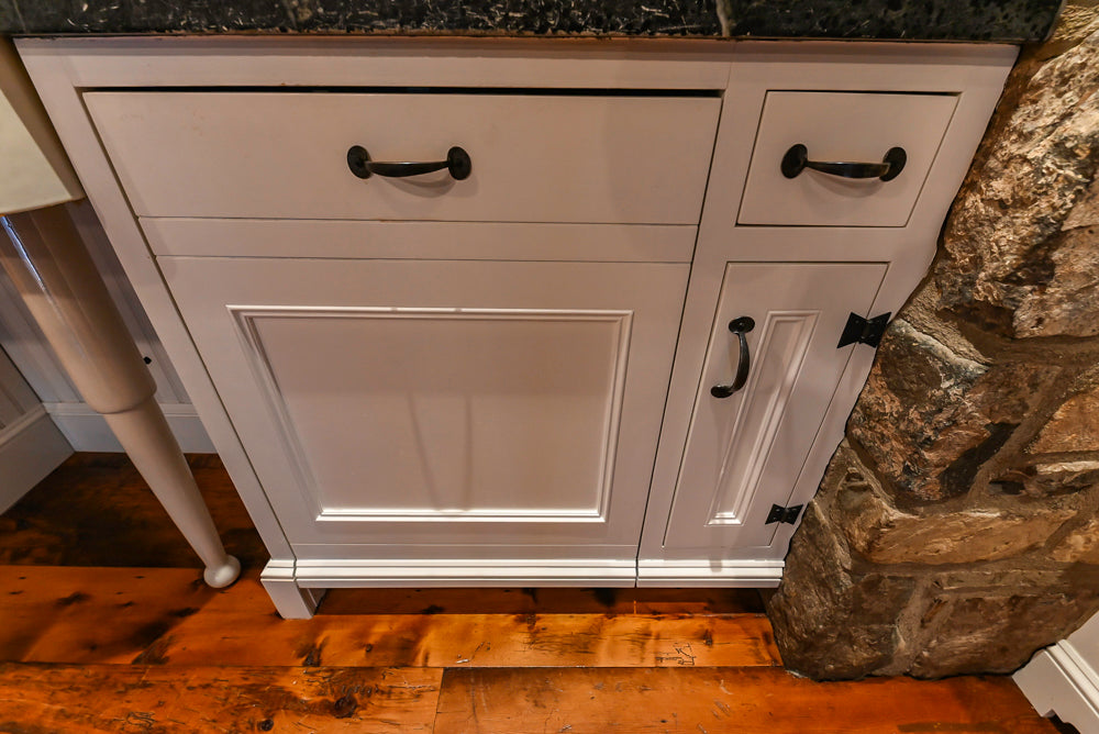 Rustic Traditional White & Navy Kitchen with Black AGA Range, Wood Top Island & Soapstone Countertops