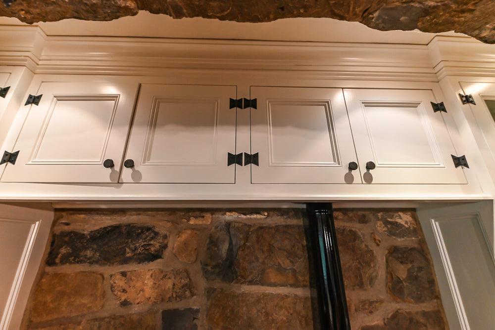 Rustic Traditional White & Navy Kitchen with Black AGA Range, Wood Top Island & Soapstone Countertops