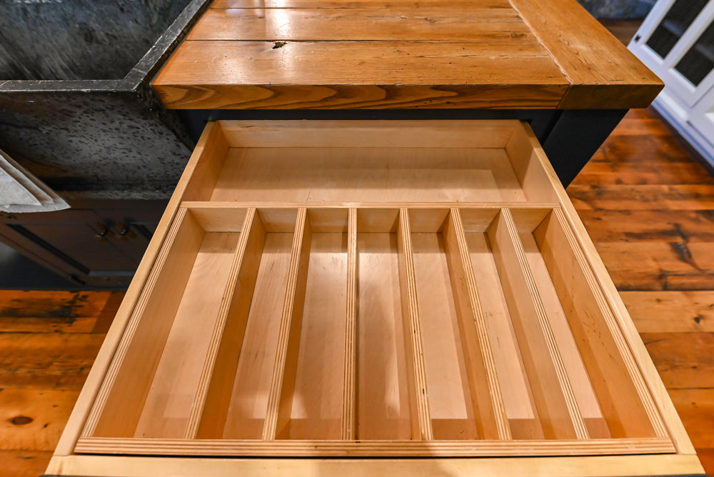 Rustic Traditional White & Navy Kitchen with Black AGA Range, Wood Top Island & Soapstone Countertops