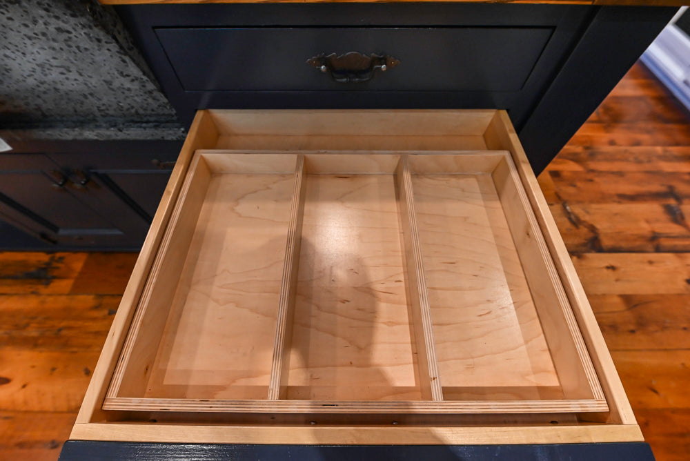 Rustic Traditional White & Navy Kitchen with Black AGA Range, Wood Top Island & Soapstone Countertops