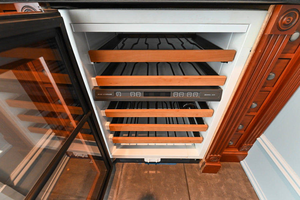 Wood-Mode Traditional Wet Bar with Dark Granite Countertops & Sub-Zero Wine Cooler