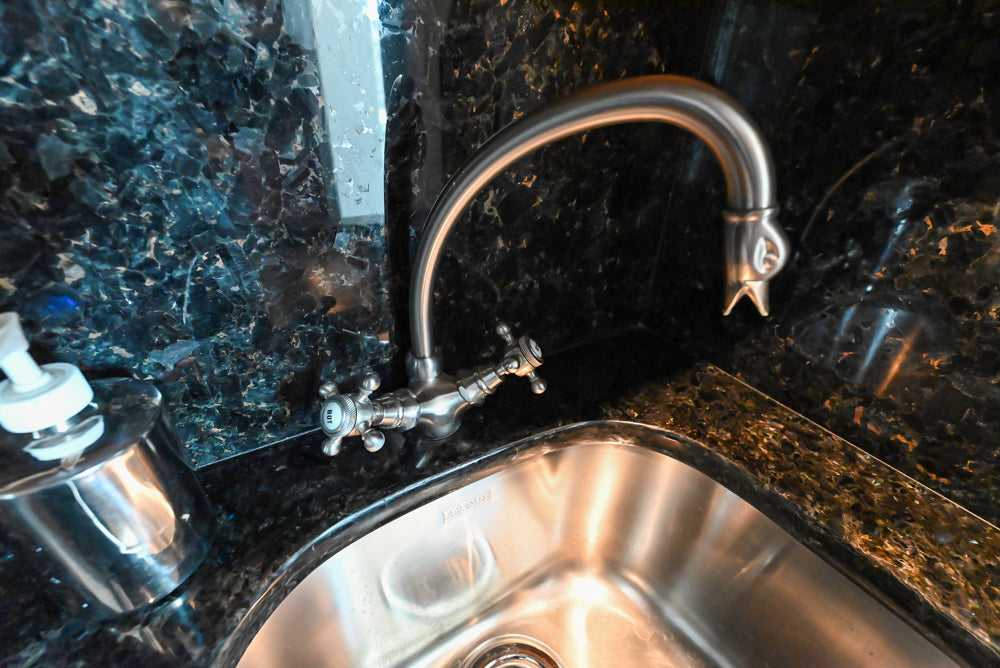 Wood-Mode Traditional Wet Bar with Dark Granite Countertops & Sub-Zero Wine Cooler